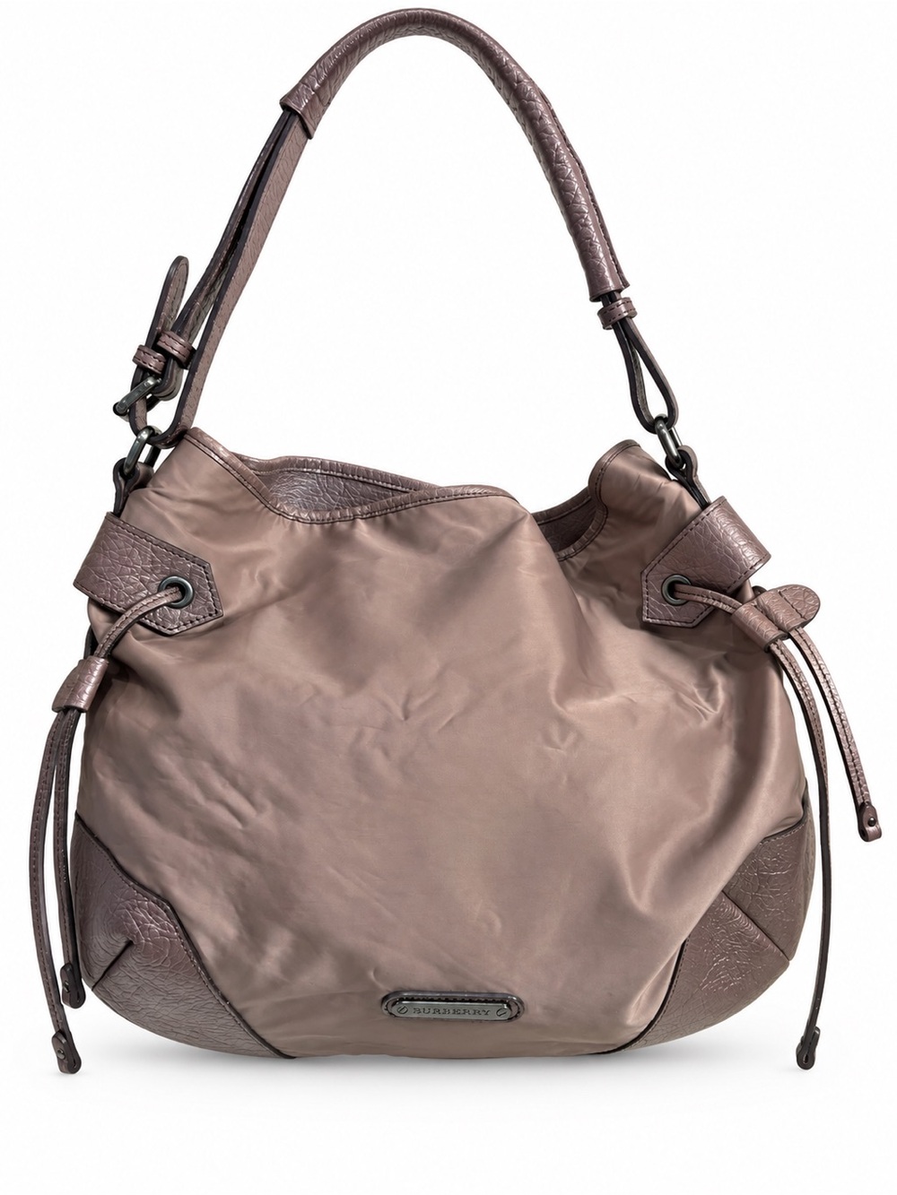 Burberry Metallic Mauve Nylon Leather Trim Hobo Shoulder Bag Nova Check